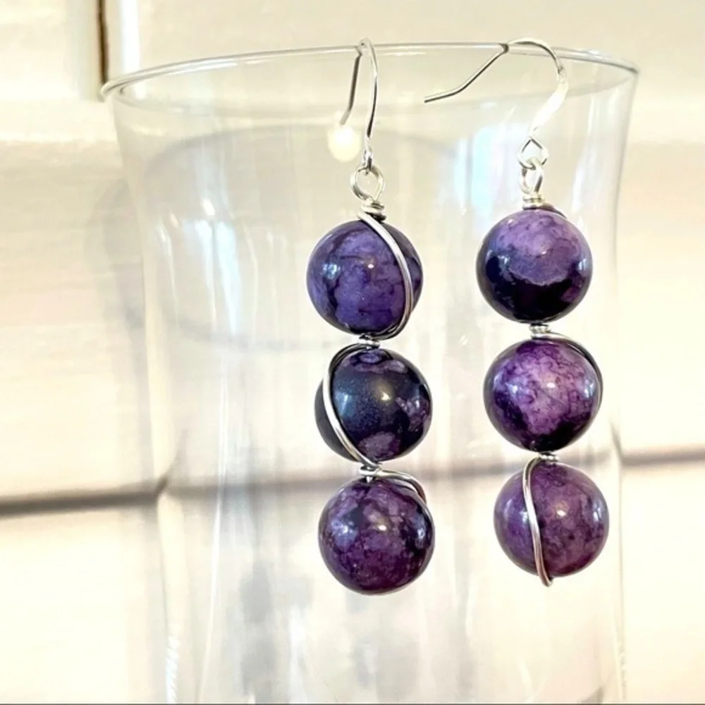 2/$29 Handmade Wire Wrap Purple Round Bead Drop Earrings 2.5” Boho Vacay